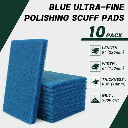 6" x 9" Blue Ultra-Fine Polishing Scuff Pads, 10 Pack – Non-Woven Hand Pads for Final Polish Prep, Haze Removal, Scouring & Mirror Finishes – Reusable Aluminum Oxide Abrasive Pads