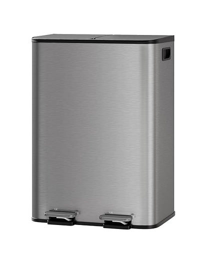 OUTLANE 2 X 8 Gal Stainless Steel Double Trash Can with Lid, Dual Compartment Step-on Kitchen Garbage & Recycle Bin, Metal Waste Bin with Removable PP Buckets, Liner Rim, Matte Grey