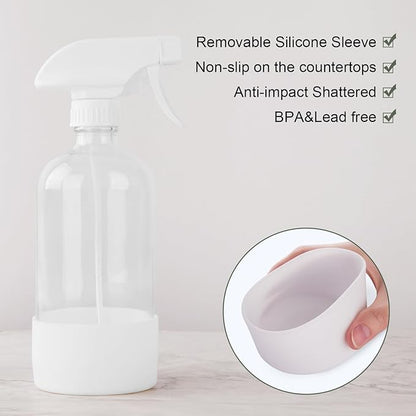 Glass Spray Bottles with Silicone Sleeve, 16 oz 2 Pack Empty Refillable Containers with Adjustable Spray Nozzles (Mist to Stream to Off), Spray Bottles for Cleaning, Hair, Plants, essential oils