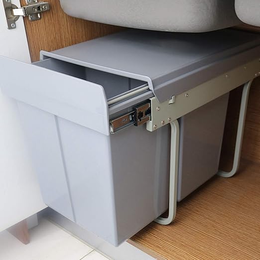 MYOYAY Double Pull Out Under Cabinet Trash Can with Lid 10L + 20L (8 Gallon) Kitchen Cabinet Garbage Can Sliding Out Under Counter Waste Bin, 30 Liters
