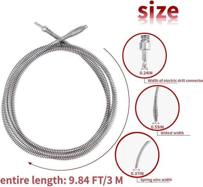 9.84 FT Drill Drain Snake,Sink Unclogging Tool That Can Be Connected To An Electric Drill,Hair Catcher Drain Snake,Drain Auger Drill Attachment,Drill Snake For Plumbing