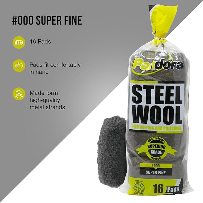 Pandora Steel Wool #000-16 Pads for Buffing and Cleaning - Quality Metal Strands - Ideal for Wax and Polish Removal