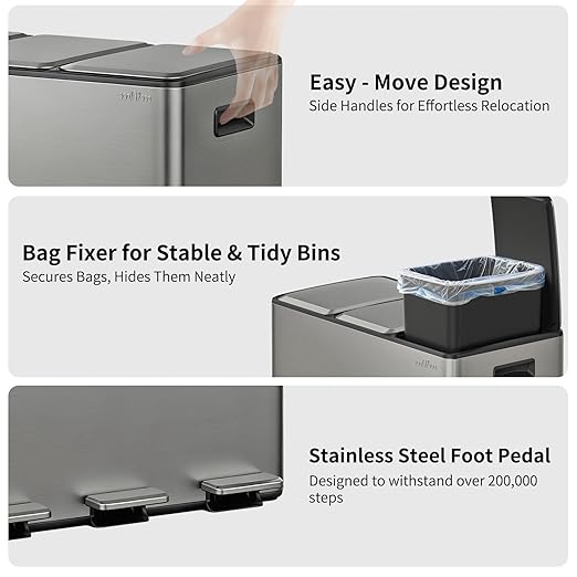 mVm 3 Compartment Trash Can, 3x4Gal Triple Step Trash Can with Double Layer Lids, Modern Kitchen Office Garbage Can（Gray）