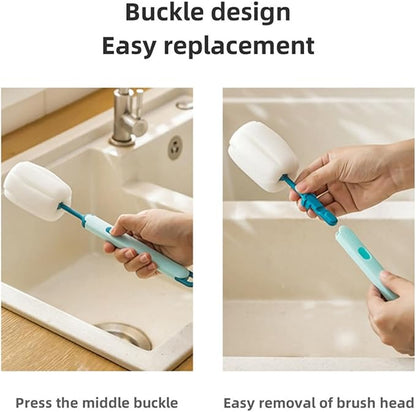 Bottle Brush Long Handle Cup Cleaner Brush Sponge Bottle Scrubber Detachable Handle Portable Sponge Cleaning Brush for Cups Wine Glasses Water Bottles Baby Bottles and Vacuum Flasks (Pink)