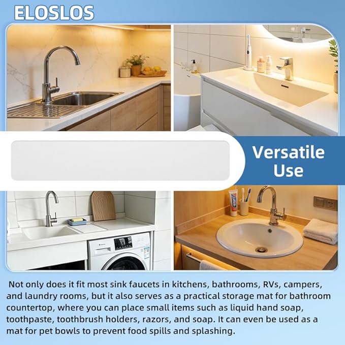 30"L x 5.5"W Customizable Sink Faucet Mat for Kitchen Sink 2 Holes & 3 Holes, DIY Cut for Oval/Rectangle/Square Faucets, Extra Long Quick-Drying Absorbent Splash Guard Counter Protector, White
