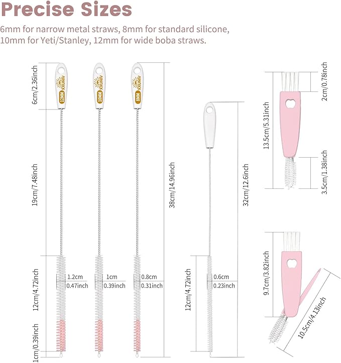 15 Inch Extra Long Straw Cleaner Brush Set, 5 Pcs Reusable Cleaning Brushes for Stanley 40 oz Tumbler, Owala, Yeti, Includes 4 Flexible Straw Brushes and 1 3-in-1 Cup Lid Gap Cleaning Tool(Pink)