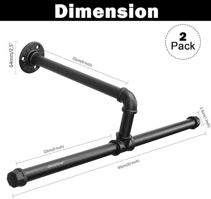 Industrial Pipe Clothes Rack Wall-Mounted, Multi-purpose Rustic Vintage Hanging Rod for Space-Saving Storage in Bedroom, Bathroom, and Laundry Room, 2 Pack Black