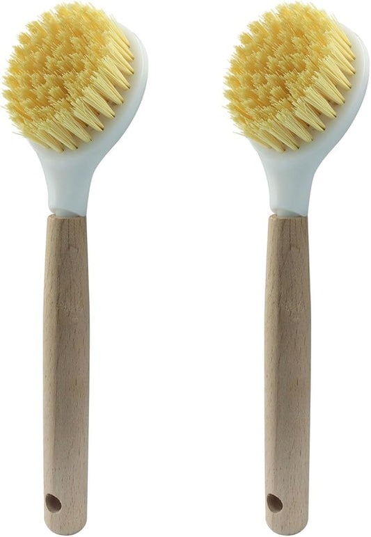 Jiozermi 3 Pcs Kitchen Dish Brush with Bamboo Handle, Dish Scrubber Brush Built-in Scraper, Pot Scrubbers for Cleaning, Dishwashing, Dishes, Pans, Kitchen Sink and Counter