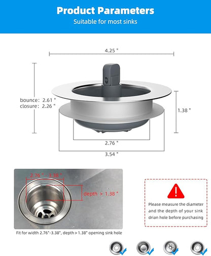 Hibbent 3 in 1 Kitchen Sink Drain Strainer and Stopper Combo, Chrome Stainless Steel Wraped Shell, 3 Anti-Clogging Basket Strainer with Foldable Handle for US Standard 3-1/2" Drain