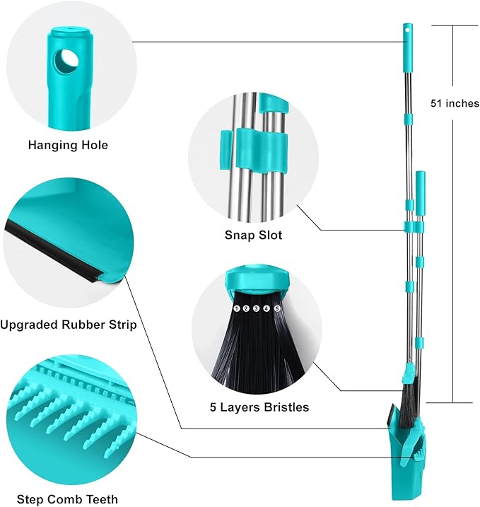 Tiumso Upgrade Broom with Dustpan Combo Set, Broom and Dustpan Set with 51'' Long Handle, Large Upright Brooms and Dust Pans, ZeroGap Lip, Self-Cleaning Dustpan Teeth for Lobby and Restaurant - Blue