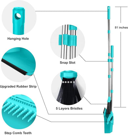 Tiumso Upgrade Broom with Dustpan Combo Set, Broom and Dustpan Set with 51'' Long Handle, Large Upright Brooms and Dust Pans, ZeroGap Lip, Self-Cleaning Dustpan Teeth for Lobby and Restaurant - Blue
