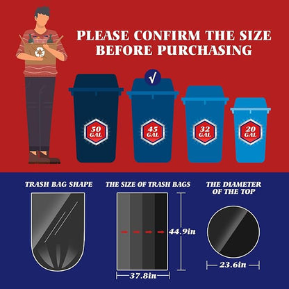 Teivio Trash Bags, 40-45 Gallon, 100 Count, Black, for Bathroom, Office, Industrial, Commercial, Janitorial, Municipal, Recycling