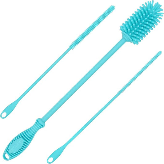 Kitchiny Silicone Bottle Brush with 2 Straw Cleaners - 12.5” Water Bottle Cleaner Brush for Yeti, Hydro Flask, Owala, Stanley, Baby Bottles, Glassware, Vases & Narrow Neck Containers - Blue