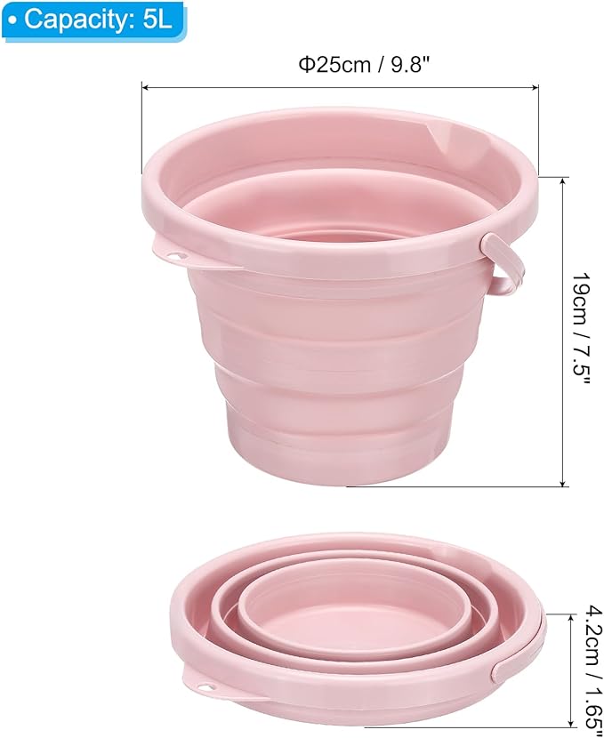 PATIKIL Collapsible Bucket 5L/1.3Gallon, Small Foldable Bucket Portable Plastic Round Tub for House Cleaning Car Washing Camping Fishing, Light Pink