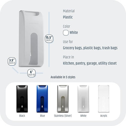Manterio Plastic Bag Holder | UPGRADED Wall-Mount Grocery Bag Dispenser | Space-Saving Design | Easy Install | Smudge-Proof, Fingerprint-Resistant | White | Holds the Most Bags for Maximum Storage