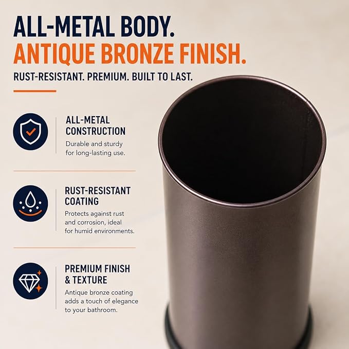 HUJI Rust Resistant Bronze Toilet Brush Holder with Lid Perfect Bathroom Bowl Cleaning Set Gift for House Warming or College Dorms Accessories (1, Bronze Toilet Brush)