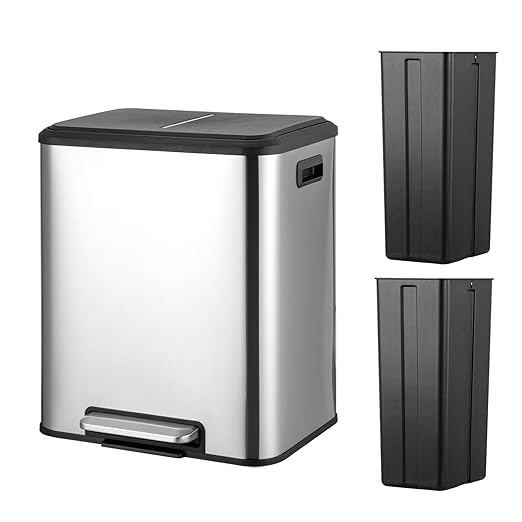 Takywep 8 Gallon / 30 L Dual Compartment Trash Can with Soft Close Lid, Stainless Steel Step-On Garbage Bin with Two Removable Inner Buckets for Kitchen, Office, Bedroom, Modern Rectangular Design