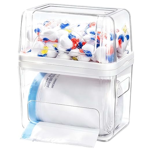 Kaen Trash Bag Dispenser & Dishwasher Pod Organizer, 3 in 1 Large Garbage Bag Dispenser, Trash Bag Holder, Clear Garbage Bags Storage Box, Laundry Room Organizer, Under Sink Organizers