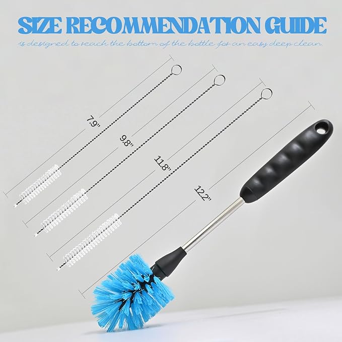 4 Pack Straw Cleaner Brush Set with Long Handle Stainless Steel Bottle Brush, 3 Straw Brushes, Kitchen Brush for Cleaning Water Bottle, Cups, Straws, Blue