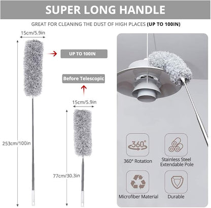 Webster Cobweb Duster, Feather Duster for Home, Extendable Dusters for Cleaning High Ceiling Fans, Hand Wall Duster, Long and Washable Dust Brush Gray