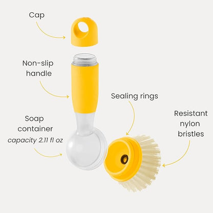 Vigar Rengo Dish Brush with Soap Dispenser - Dish Scrubber with Handle, Kitchen Scrub Brush for Dishes, Sink Cleaning Brush, Soap Dispensing Dish Wand with Nylon Bristles, Non Scratch - Mustard