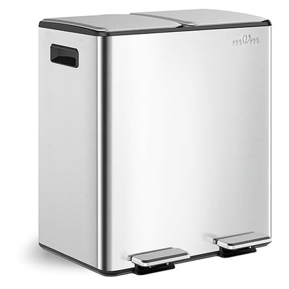 mVm Dual Trash Can, 10.6(2x5.3) Gal Kitchen Trash Can with Thick Lids, 2 Compartment Stainless Steel Recycle Bin for Home Kitchen Office (Silver)
