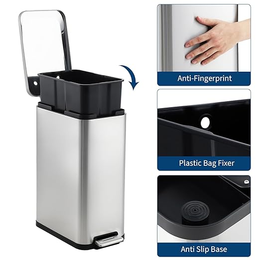 13-Gallon Kitchen Trash Can, 50-Liter Slim Stainless Steel Pedal Trash Bin, Pedal Trash Can with Soft-Close Lid, Fingerprint-Resistant, with Removable Inner Bucket, Suitable for Small Spaces,Bathroom