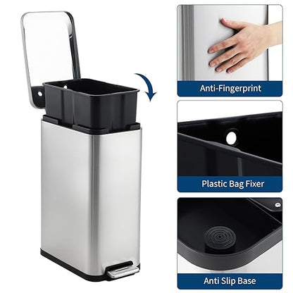 13-Gallon Kitchen Trash Can, 50-Liter Slim Stainless Steel Pedal Trash Bin, Pedal Trash Can with Soft-Close Lid, Fingerprint-Resistant, with Removable Inner Bucket, Suitable for Small Spaces,Bathroom