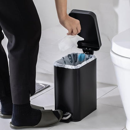 Home Zone Living 1.3 Gallon Small Bathroom Trash Can with Lid and Step Pedal, Stainless Steel Wastebasket with Slim Design for Home and Office, Matte Black, 5 Liters