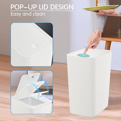 2.65-gallon/10-liter Push-Button Trash can with lid + 100 Trash Bags. Features pet-Proof, Odor-Proof, and Quiet-Closing Functions; Suitable for bedrooms, bathrooms, Kitchens, and Offices (White)