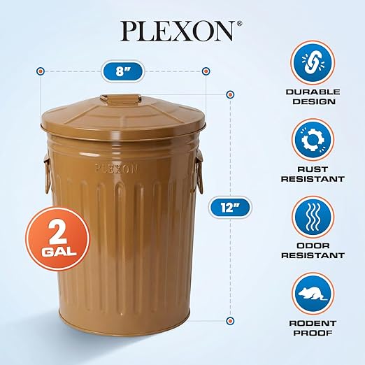 Plexon 2 Gallon Small Metal Trash Can with Lid Bathroom Garbage Can with Lid Bathroom Trash Can for Bedroom Office Kitchen Indoor Waste Basket, Round Powder Coated Brown