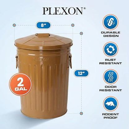Plexon 2 Gallon Small Metal Trash Can with Lid Bathroom Garbage Can with Lid Bathroom Trash Can for Bedroom Office Kitchen Indoor Waste Basket, Round Powder Coated Brown