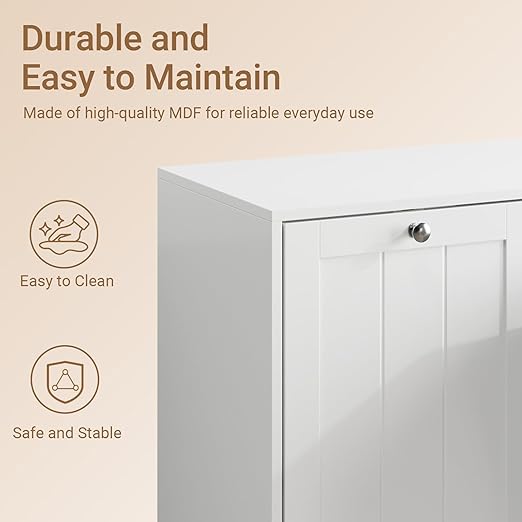 Tilt Out Trash Can Cabinet, Hidden Trash Can Cabinet with 2 Removable Bags, Double Laundry Hamper Cabinet, Narrow Storage Organizer for Kitchen, Bathroom, and Bedroom White DJ BZR001