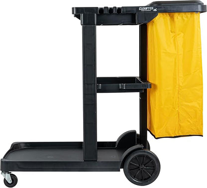 Restaurantware-Clean Tek Professional Janitor Cart with Wheels, 1 Cleaning Trolley with Cover and 18 Gallon Bag - 3 Shelves, Heavy-Duty, Black Plastic Commercial Janitorial Cart, for Restaurants