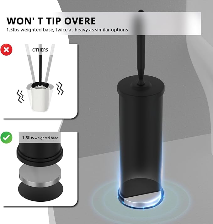 Premium 304 Stainless Steel Toilet Brush and Holder: Weighted Stable Base, Removable Inner Tube, Splash-Proof Design for 360° Thorough Cleaning & Space-Saving Storage,Black