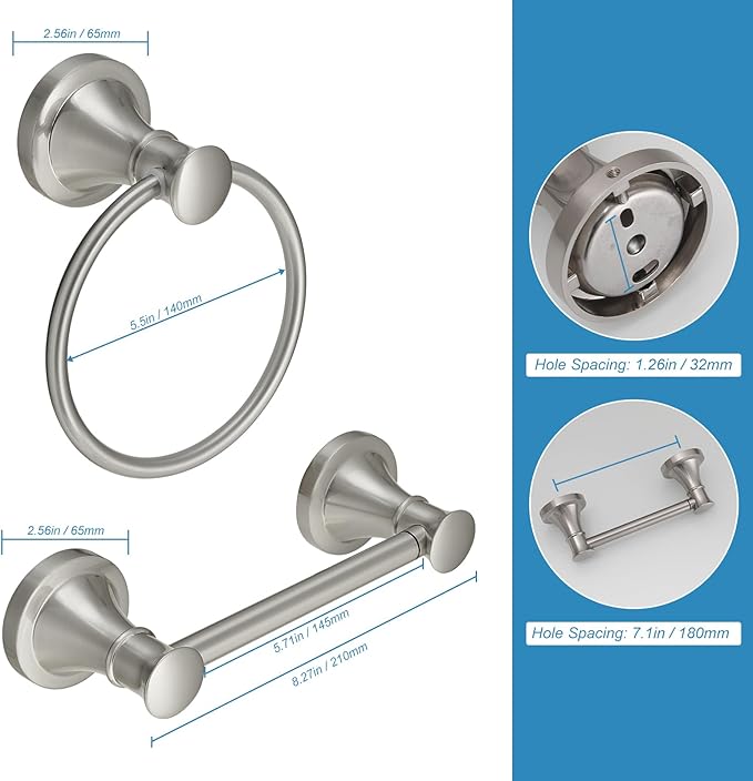 RUMOSE Toilet Paper Holder and Hand Towel Ring Brushed Nickel Wall Mount Bathroom Hardware Accessories 2 PCS Set Flexible Pivoting Toilet Tissue Roll Holder and Towel Hanger, Stainless Steel