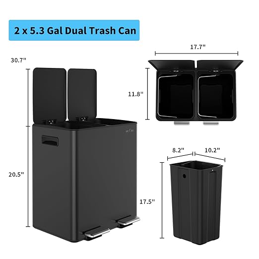 mVm Dual Trash Can, 2 x 5.3 Gal Kitchen Trash Can with Light Lid, 2 Compartment Stainless Steel Recycle Bin for Home Kitchen Office (Black)