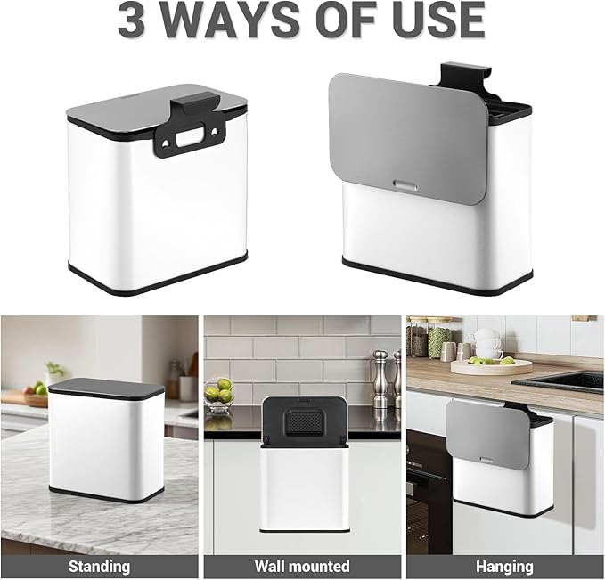 GarveeHome 1.3 gal/5L Countertop Compost Bin with Lid, Hanging Small Trash Can with Odor Control Charcoal Filter ＆ Bucket Under Sink for Kitchen, Hanging/Wall Mounted/Standing Food Waste Bin, White