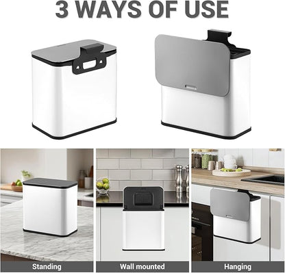 GarveeHome 1.3 gal/5L Countertop Compost Bin with Lid, Hanging Small Trash Can with Odor Control Charcoal Filter ＆ Bucket Under Sink for Kitchen, Hanging/Wall Mounted/Standing Food Waste Bin, White