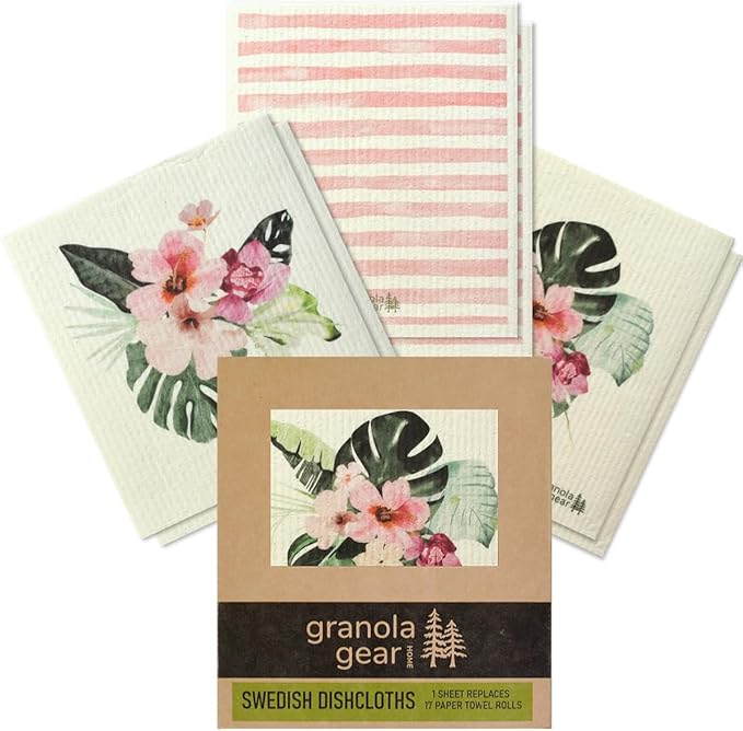Swedish Dishcloths for Kitchen 6-Pack Reusable Paper Towels, Eco-Friendly, Compostable, Biodegradable Dish Wash Cloths, Washable Sponge, Watercolor Flower Art-Tropic Like It's Hot