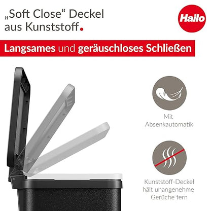 Hailo 0630-260 Oko Duo Plus L Kitchen Trash Can with 2.4 Gallon Bins, Rectangular Dual Compartment Recycling Step, Removable Inner Buckets with Soft-Close Lid Kitchen Trash Can, Black