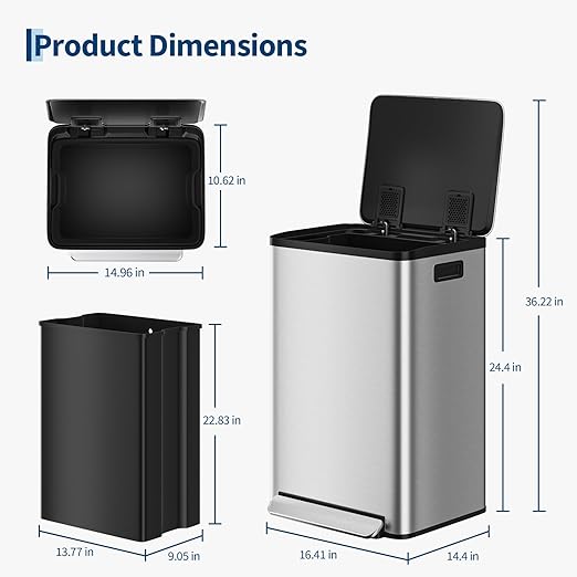 Garvee 13 Gallon Trash Can Kitchen Garbage Bin with Removable Inner Buckets 50L Stainless Steel Step-on Metal Large Waste Cans with Soft Close Lid Silver