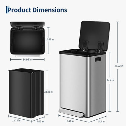 Garvee 13 Gallon Trash Can Kitchen Garbage Bin with Removable Inner Buckets 50L Stainless Steel Step-on Metal Large Waste Cans with Soft Close Lid Silver