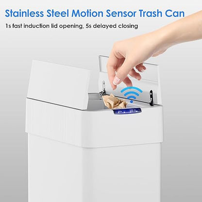 TLSUNNY 13.2 Gallon Automatic Trash Can, Stainless Steel Motion Sensor Garbage bin, Smart Trash Can W/Butterfly Lid, Bag Retainer Ring and Display Light for Living Room,Kitchen,Office (White, 50L)
