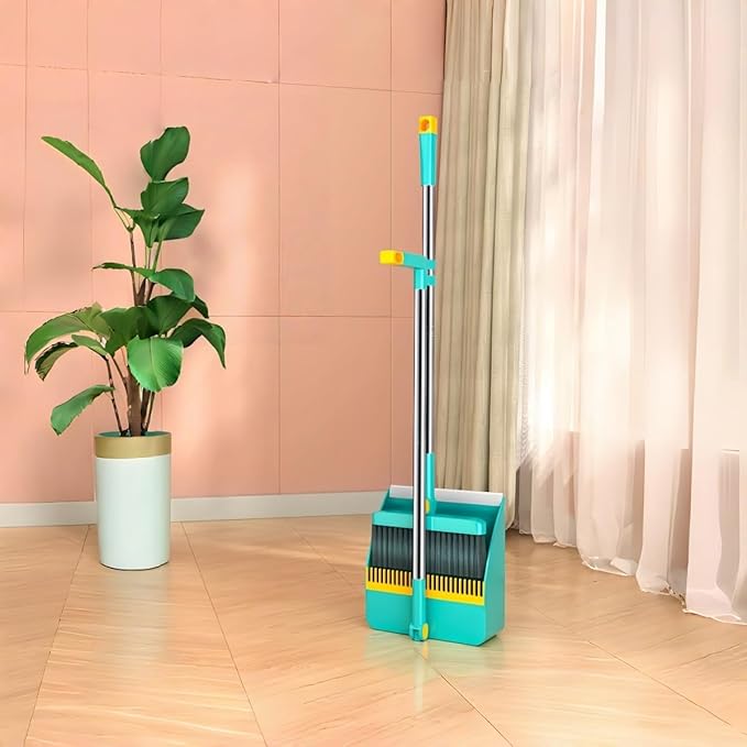 2-in-1 Broom with Dustpan Combo Set,Long Handle Broom Dustpan Combo with Dustpan Teeth to Automatically Clean Hair for Home, Indoor or Outdoor Cleaning Hall Floor (Green)