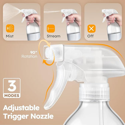 Tecohouse 2 Pack 360° Glass Spray Bottles Clear, 16 oz Empty Refillable Containers with Adjustable Spray Nozzles, Spray Bottles for Cleaning Solutions and Plants