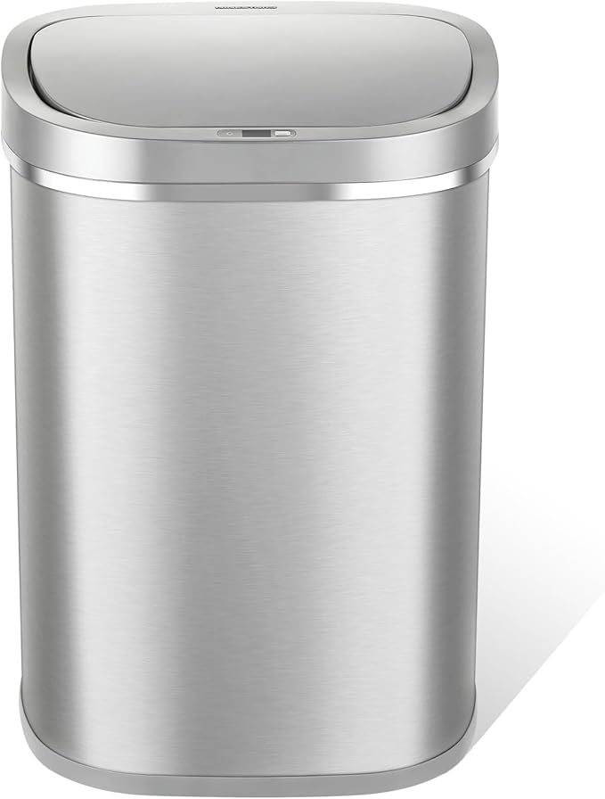 Ninestars DZT-80-35 Deluxe Automatic Touchless Infrared Motion Sensor Trash Can, 21 Gal 80L, Heavy Duty Stainless Steel Base (Oval, Silver/Brush Lid) Trashcan, Ss