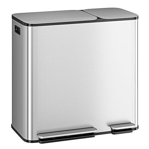Dual Kitchen Trash Can 13.2 + 5.2 Gal (50+20L) Stainless Steel Trash Cans with Soft-Close Lid Large Double Garbage and Recycling Bin with 2 Removable Inner Buckets Step-on Metal Garbage Cans Silver