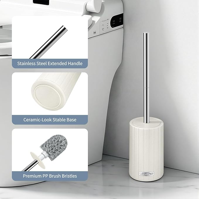 Toilet Bowl Brush and Holder, Durable Toilet Scrubber Bristles, Long Stainless Steel Handle, Ceramic Texture Toilet Brush and Holder Set, Deep Cleaning Toilet Brush for Bathroom, Cream