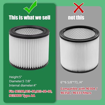 90398 Shop Vac Filter Replacement for Shop Vac 90398/118692, 9039800, 903-98-00, 9039833 Small Cartridge Filter Type AA, Fits Most 4 Gallon and Less Wet/Dry Vacuum Cleaner